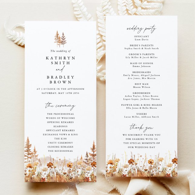 Terrakotta-Wildblumen-Berg-Hochzeitszeremonie Programm (Terracotta wildflower mountain wedding program front and back, elegant boho ceremony program card)