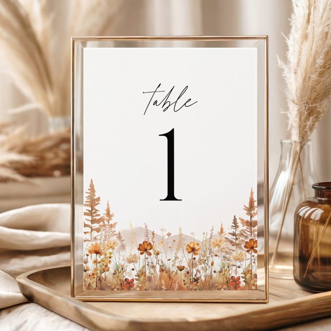 Terrakotta-Wildblumen-Berg-Tischnummern (Terracotta wildflower mountain wedding table numbers, elegant boho rustic table decor in gold frame)