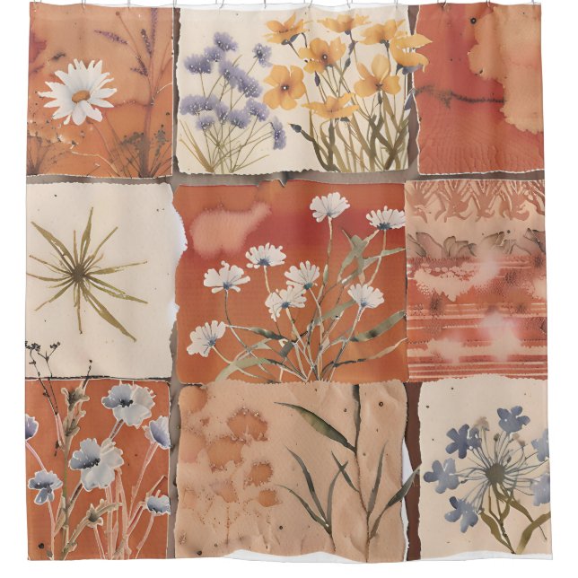 Terrakotta-Wildblumen-Patchwork-Boho-Rustikal-Früh Duschvorhang (Vorderseite)