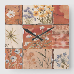 Terrakotta-Wildblumen-Patchwork-Rustikal-Boho-Früh Quadratische Wanduhr