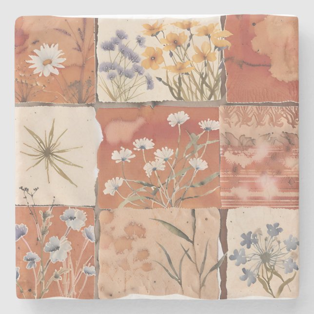 Terrakotta-Wildblumen-Patchwork-Rustikal-Boho-Früh Steinuntersetzer (Vorderseite)