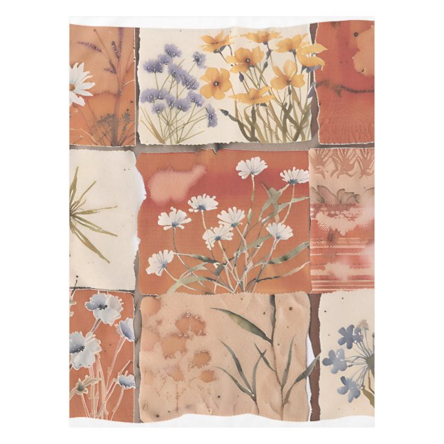 Terrakotta-Wildblumen-Patchwork-Rustikal-Boho-Früh Tischdecke (Vorderseite)