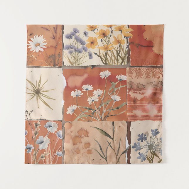 Terrakotta-Wildblumen-Patchwork-Rustikal-Boho-Früh Wandteppich (Vorderseite)