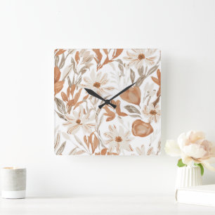 Terrakotta-Wildblumen-Rustikale-Boho-Wanddekoratio Quadratische Wanduhr