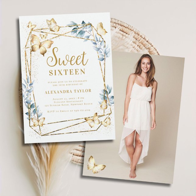 Terrarium Geometric Frame Butterfly Foto Sweet 16 Einladung (terrarium geometric frame border butterflies gold boho chic modern contemporary sweet 16 photo)