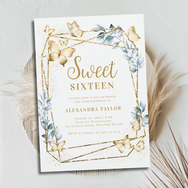 Terrarium Geometric Frame Gold Butterfly Sweet 16 Einladung (terrarium geometric frame border butterflies gold boho chic modern contemporary sweet 16 invitation)
