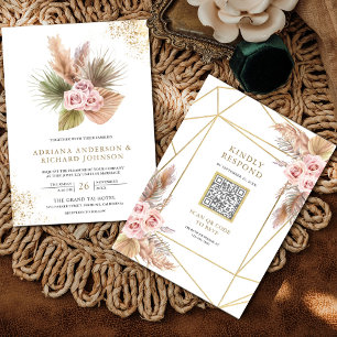 Terrarium Pampas Dusty Pink Rosen QR Code Hochzeit Einladung