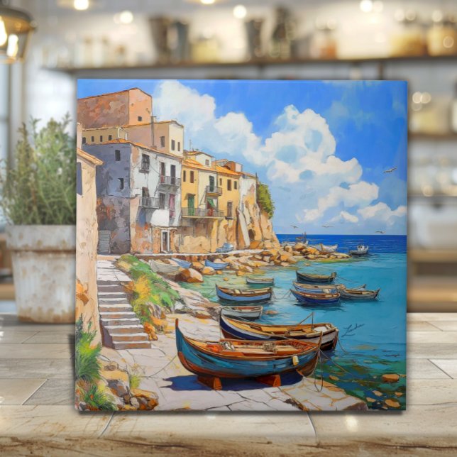 Terrasini Sizilien Fliesen Kunst – Fischerboote &  (Colorful ceramic tile art of Terrasini Sicily with fishing boats and cliffside village under blue sk)