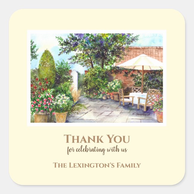 Terrasse des Hauses Wasserfarbenfroh Quadratischer Aufkleber (Vorderseite)