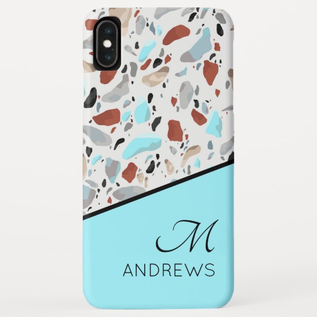 Terrazzo Blue Monogram Personalisiert Name Case-Mate iPhone Hülle (Rückseite)