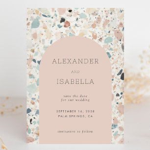 Terrazzo Blush Apricot Pastel Retro Arch Wedding Save The Date