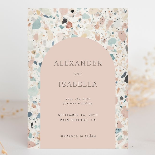 Terrazzo Blush Apricot Pastel Retro Arch Wedding Save The Date (Von Creator hochgeladen)