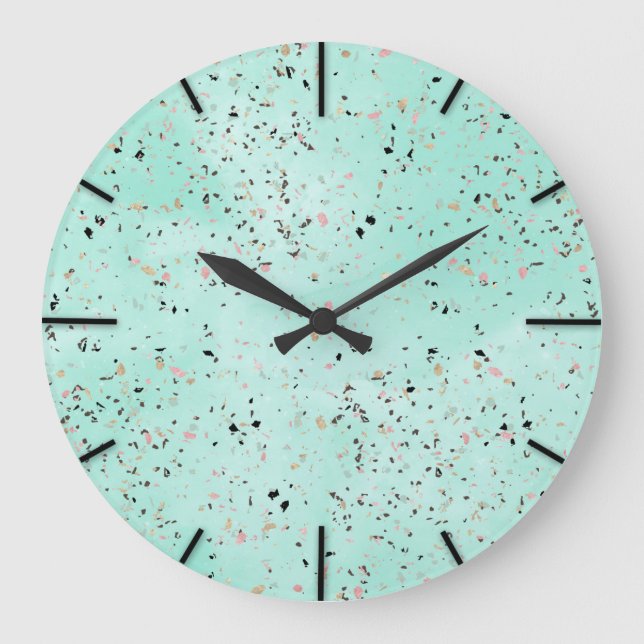Terrazzo-Design aus Minz- und Goldmarmor Confetti Große Wanduhr (Vorderseite)