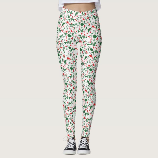Terrazzo Green Red Christmas Pattern Urlaub Leggings (Vorderseite)