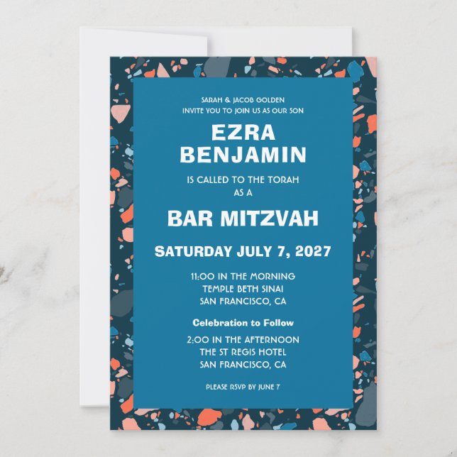 Terrazzo Handgezeichnetes Bar Bat Mitzvah Einladung (Vorderseite)