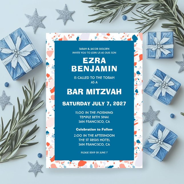Terrazzo Handgezeichnetes Bar Bat Mitzvah Einladung (Terrazzo Hand Drawn Custom Bar Bat Mitzvah Invitation
)