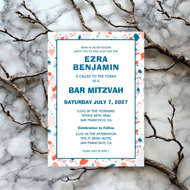 Terrazzo Handgezeichnetes Bar Bat Mitzvah Einladung (Terrazzo Hand Drawn Custom Bar Bat Mitzvah Invitation
)