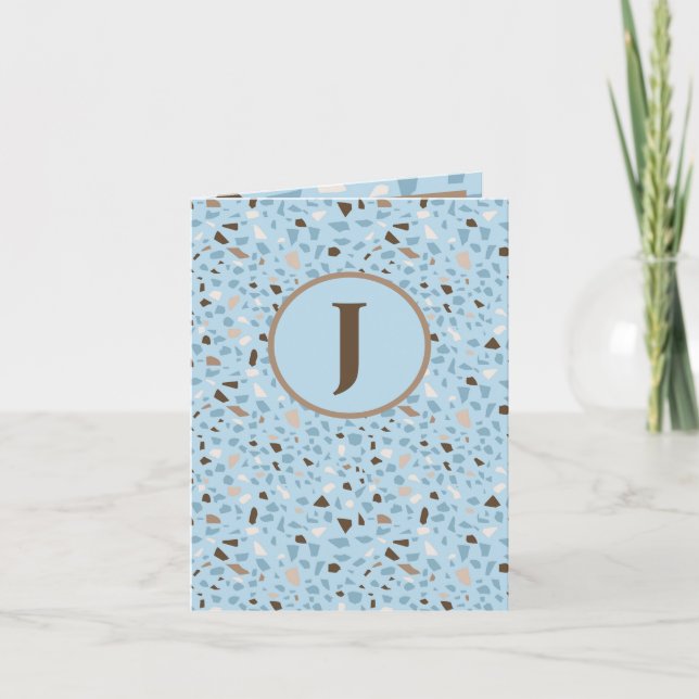 Terrazzo Monogram Blue Tan Brown Alltag Gruß Karte (Vorderseite)