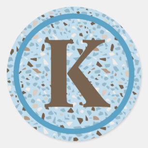 Terrazzo Monogram Blue Tan Brown Modern Runder Aufkleber