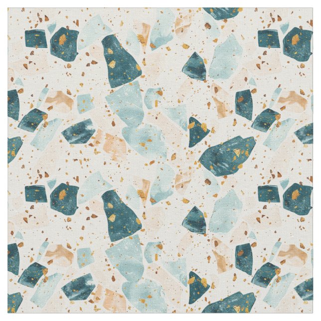 Terrazzo Muster Aquamarin und Gold Stoff (Nahaufnahme)