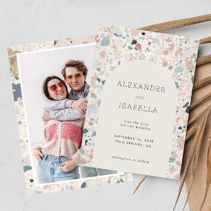 Terrazzo Pastel Colors Retro Arch Wedding Foto Save The Date