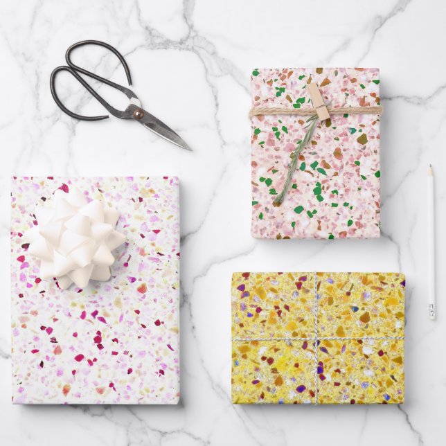 Terrazzo Retro Gelbes, rosa Vintages Muster Geschenkpapier Set (Vorderseite)