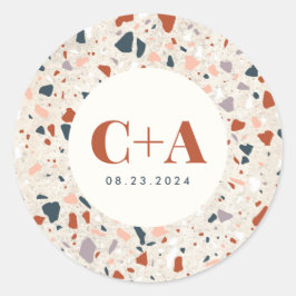 Terrazzo Slab Wedding Monogram und Date Runder Aufkleber
