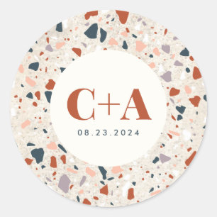 Terrazzo Slab Wedding Monogram und Date Runder Aufkleber