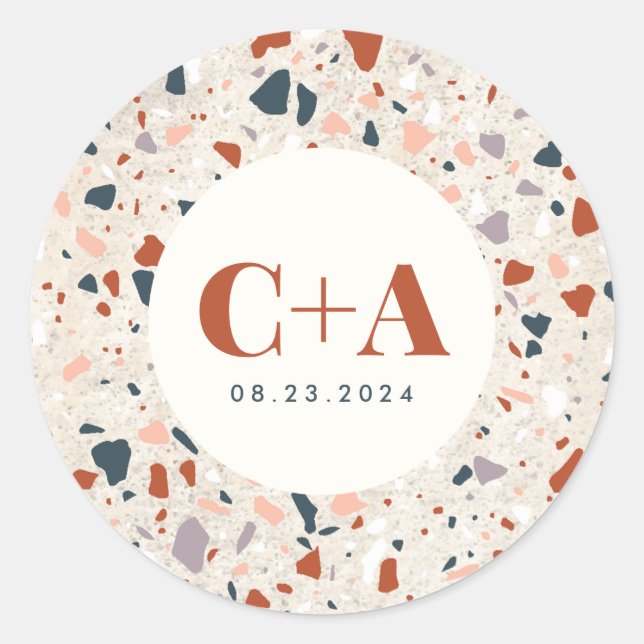 Terrazzo Slab Wedding Monogram und Date Runder Aufkleber (Vorderseite)