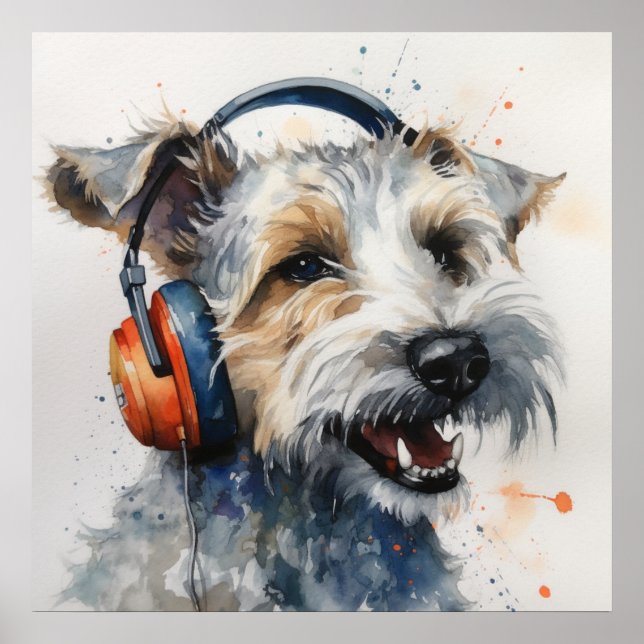 Terrier hört orangefarbene Kopfhörer Poster (Vorne)
