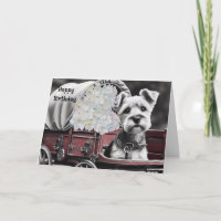 Terrier Hund in Vintagen Wagen Geburtskarte