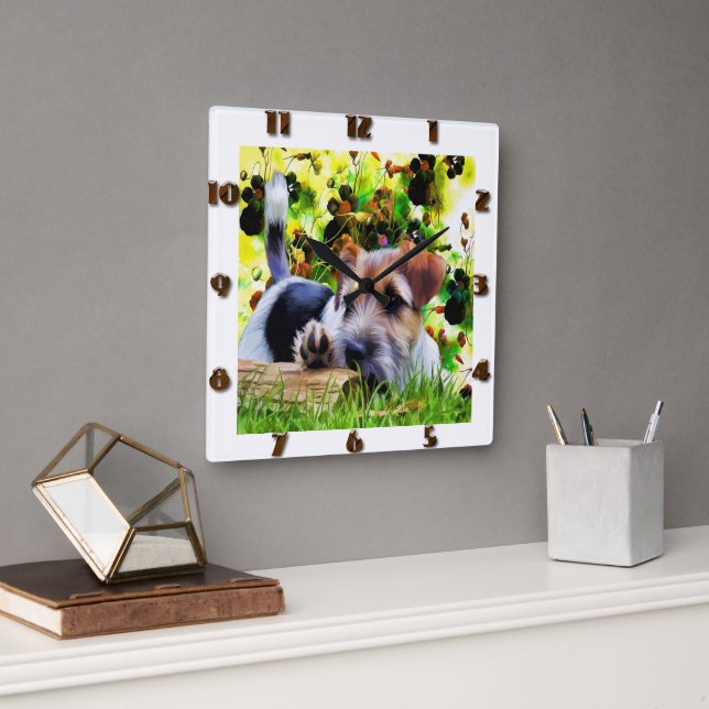 Terrier Puppy Quadratische Wanduhr (Büro)