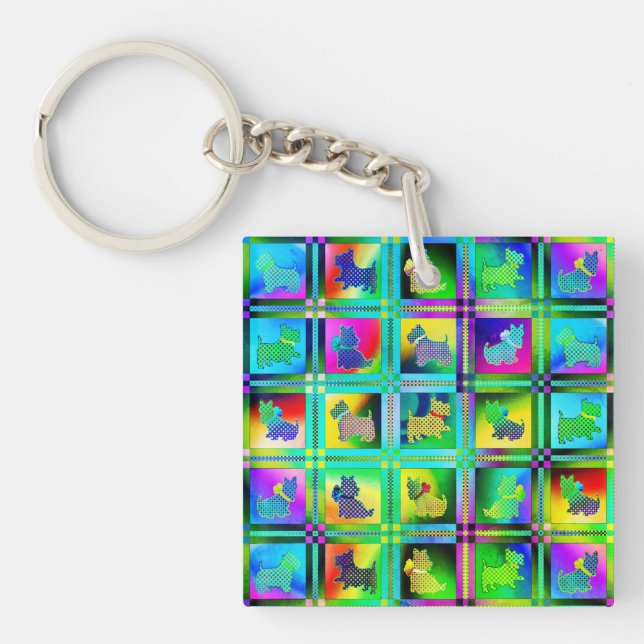 Terrier-Silhouetten in einem Karton-Muster Schlüsselanhänger (Vorderseite)