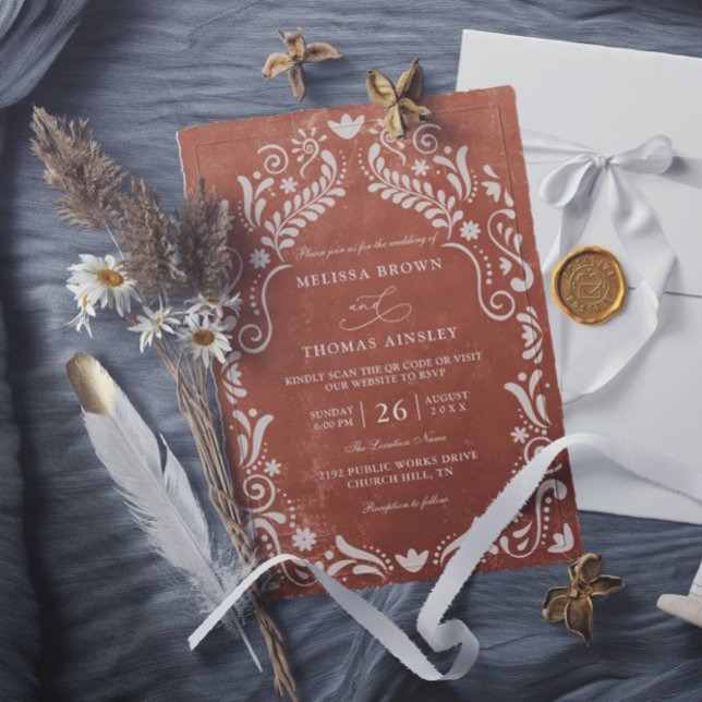 Terrocotta Papel Picado Budget QR Code Wedding Einladung (Von Creator hochgeladen)