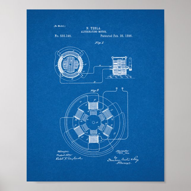 Tesla Alternating Motor Patent - Blueprint Poster (Vorne)