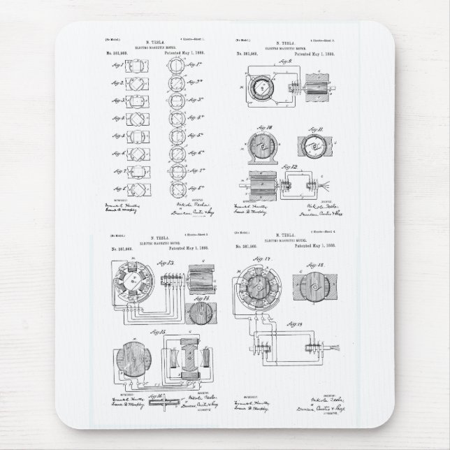 Tesla Elecro-Magnet Bewegungspatent US381968 p 1-4 Mousepad (Vorne)