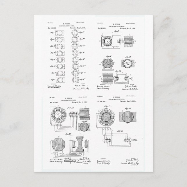 Tesla Elecro-Magnet Motorpatent US381968 p 1-4 Postkarte (Vorderseite)