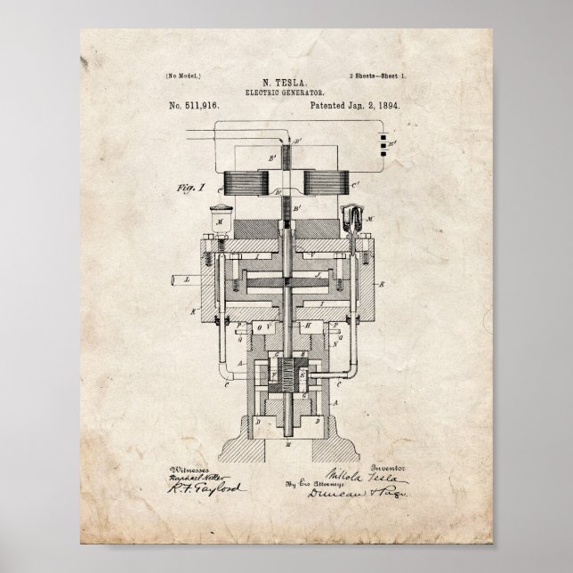 Tesla Electric Generator Patent - Old Look Poster (Vorne)