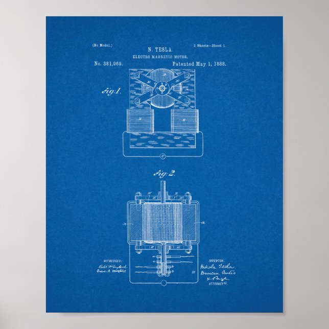 Tesla-Electro-Magnetmotorpatent - Blueprint Poster (Vorne)