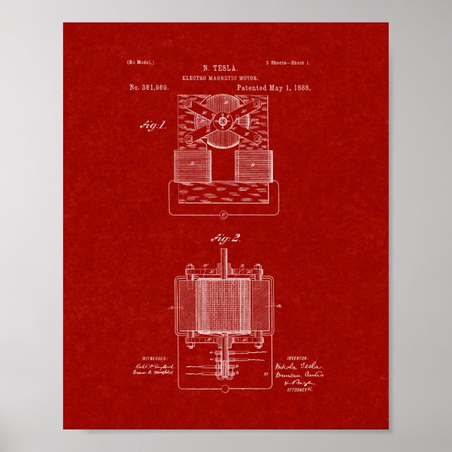Tesla Electro-Magnetmotorpatent - Burgund Rot Poster (Vorne)