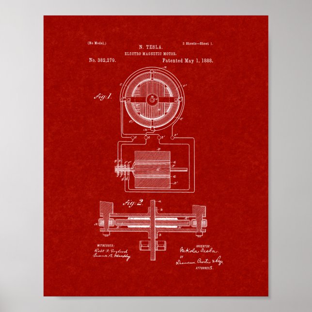 Tesla Electro-Magnetmotorpatent - Burgund Rot Poster (Vorne)