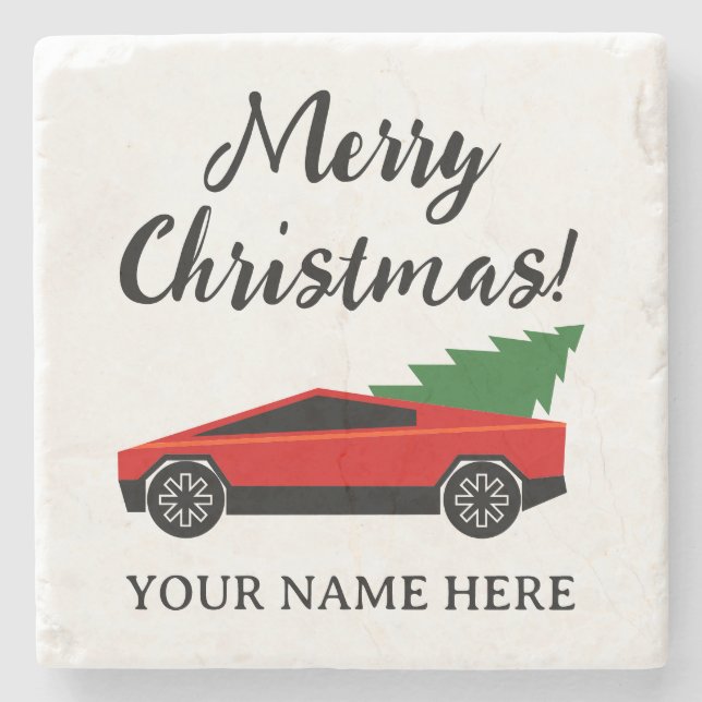 Tesla-Pickup-Truck mit Weihnachtsbaum Steinuntersetzer (Vorderseite)