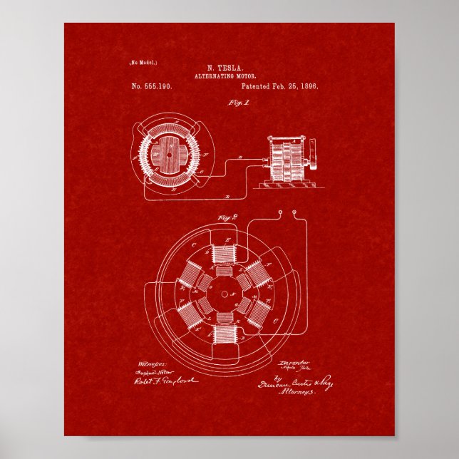 Tesla Wechselmotorpatent - Burgund Red Poster (Vorne)
