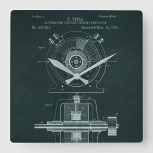 Tesla-Wechselstrommotor-Blueprint-Uhr Quadratische Wanduhr