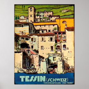 Tessiner Häuser vor dem Stadtporträt, Schweiz Poster