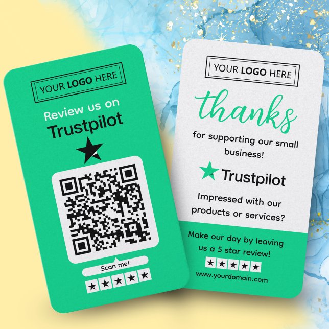 Test-Anfrage für Trustpilot mit Scannable QR-Code Visitenkarte (leave a review)