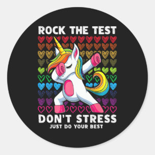 Test Day Rock the Test Dabbing Unicorn Boys Girls Runder Aufkleber