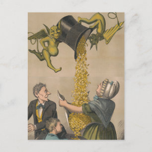 Teufel schütten Goldmünzen in die Schürze einer Fr Postkarte