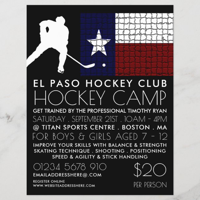 Texan Flag, Hockey Player, Camp Advertising Flyer (Vorne)