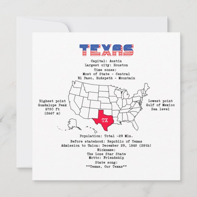 Texas American Staat auf der Karte und nützliche I (Vorderseite)